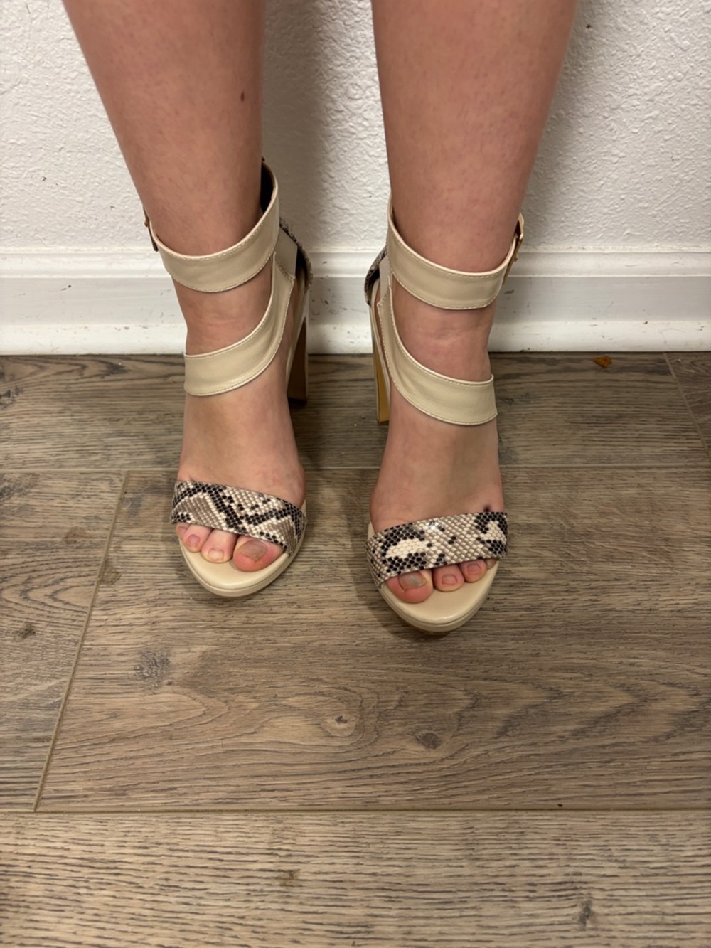 Cream Ankle-Strap Platform Heels with Snake-Print Toe. Sz8.5